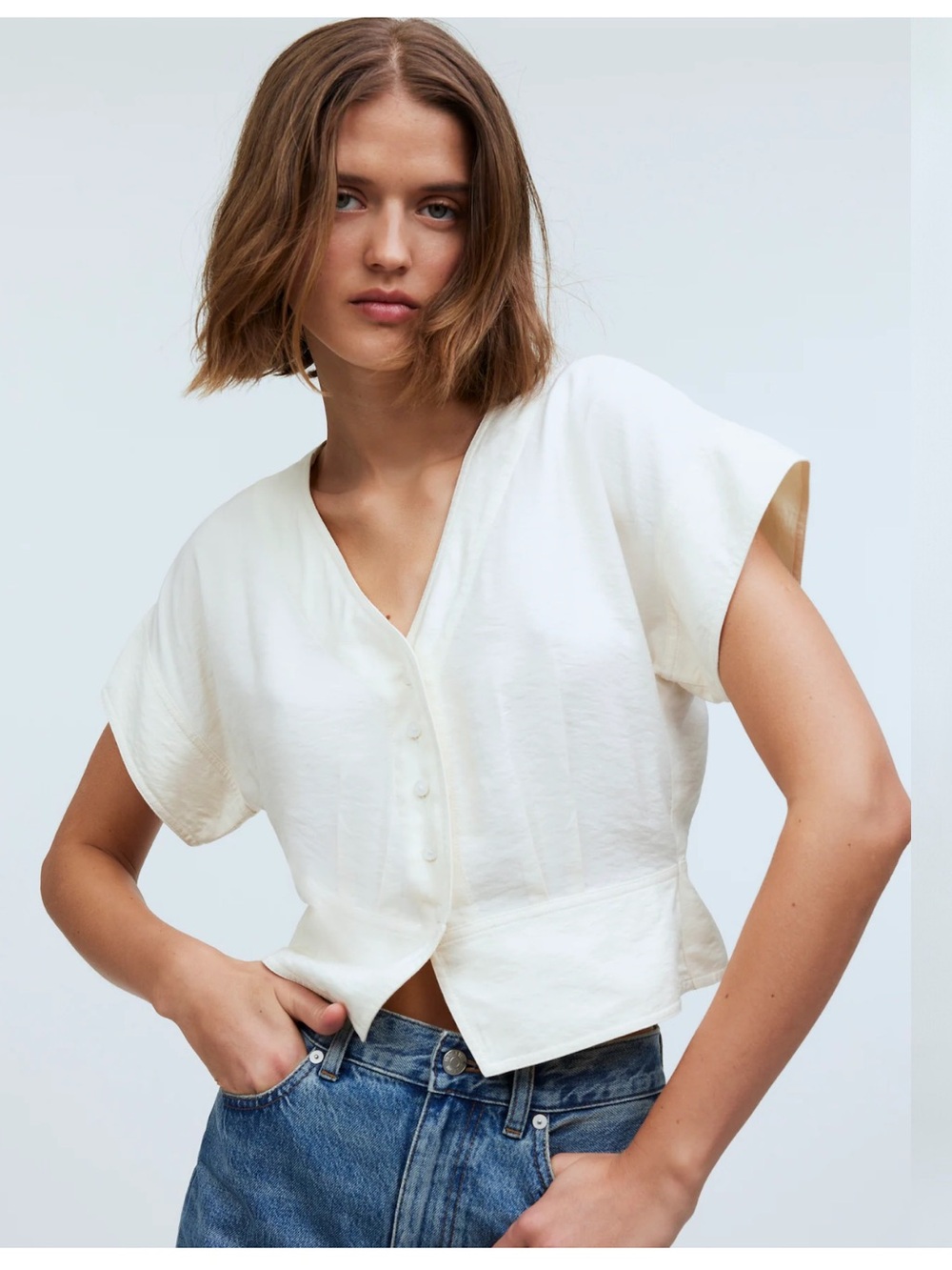 Madewell Cropped Button Front Pleated Short Sleeve Top Antique Cream Sz M